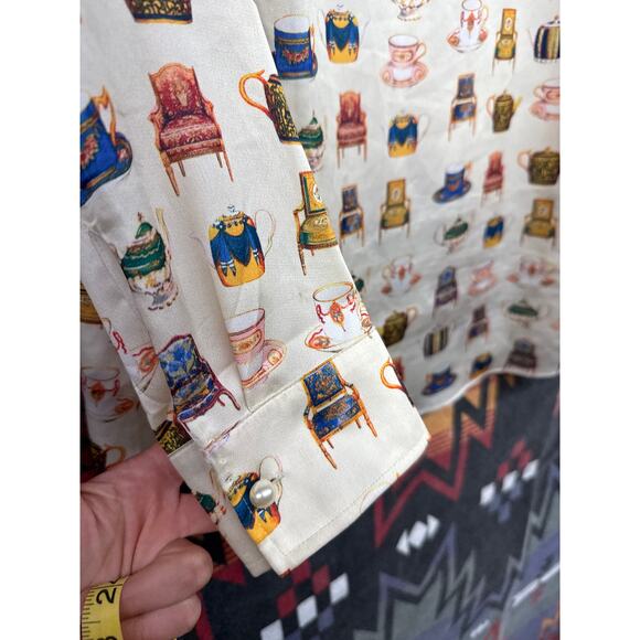 Talbots White Chairs Teacups Victorian Blouse Royal Large Novelty Print Whimsy - Picture 3 of 7